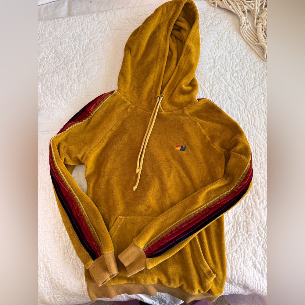 Aviator Nation RARE Gold velour Hoodie with velvet stripes